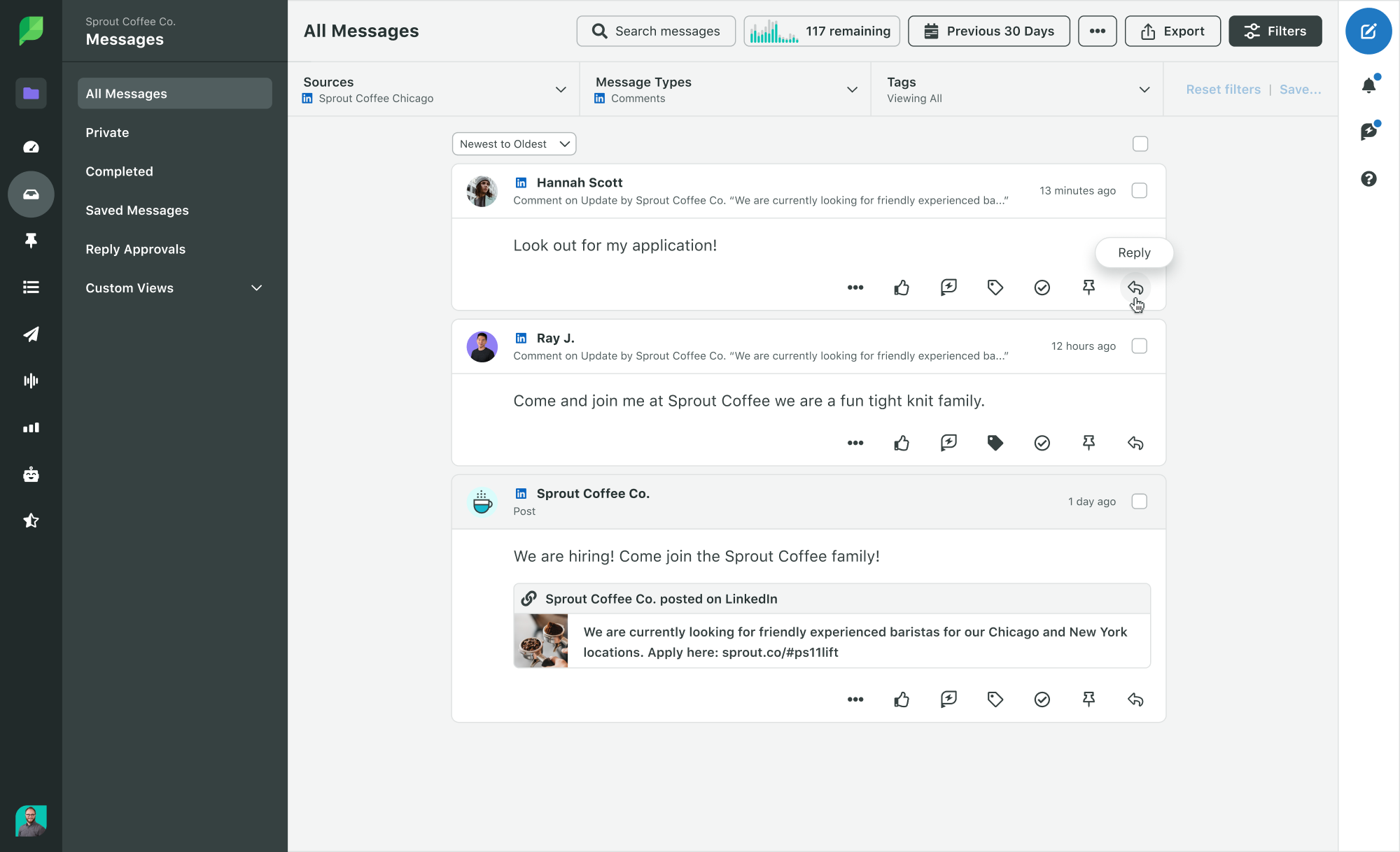 Sprout Social Product Image of Engagement Smart Inbox with LinkedIn Filters Selected and Reply Hover